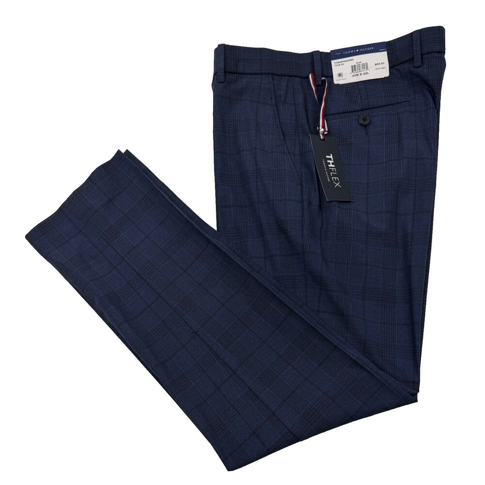 $95 NEW TOMMY HILFIGER MENS 34X32 NAVY PLAID TH FLEX TROUSERS DRESS PANTS SLACKS